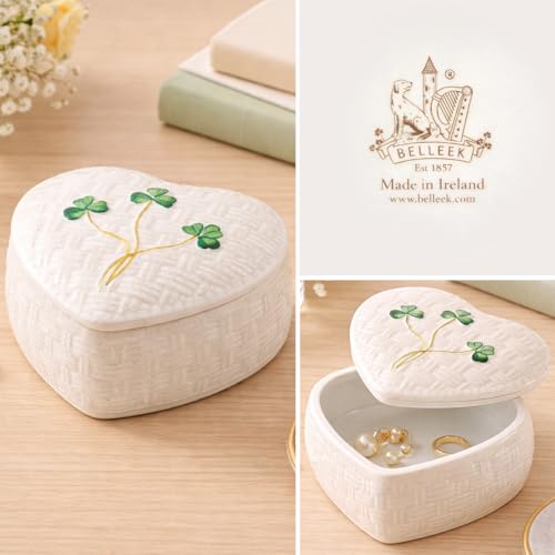 Belleek Classic Kylemore 4.4-Inch Trinket Box, Handcrafted Parian China Decorative Storage, Irish Shamrock Decor, White