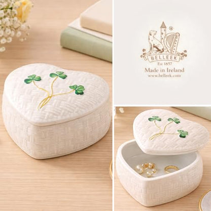 Belleek Classic Kylemore 4.4-Inch Trinket Box, Handcrafted Parian China Decorative Storage, Irish Shamrock Decor, White