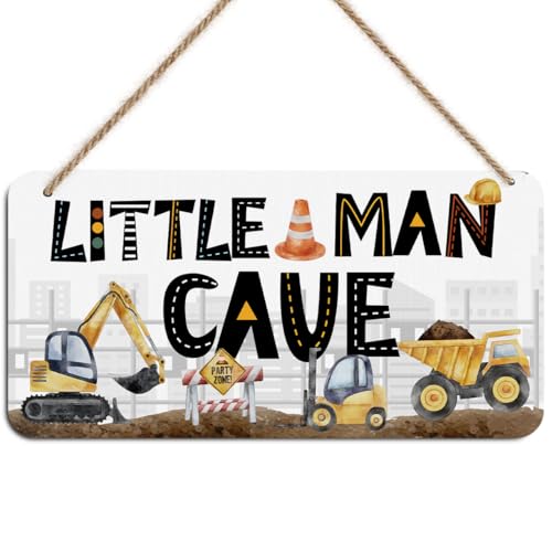 Little Man Cave Sign for Boys Construction Trucks Wooden Door Wall Hanging Nursery Decor Rustic Baby Room Toddler Boy Gamer Decor - color: Multi0456