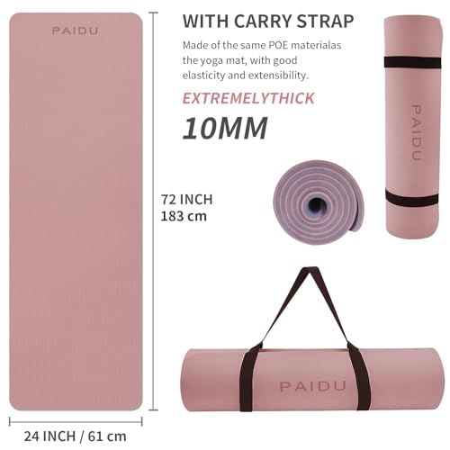 PAIDU Yoga Mat Non Slip Anti-tear,extra thick-2/5 inch（10MM）High Resiliency Professional POE Yoga Mats for Women Men Kids,72"x24"inch,Workout, Yoga, Pilates and Floor Exercise, with Carrier Strap - color: Deep Pink+Grey.