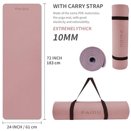 PAIDU Yoga Mat Non Slip Anti-tear,extra thick-2/5 inch（10MM）High Resiliency Professional POE Yoga Mats for Women Men Kids,72"x24"inch,Workout, Yoga, Pilates and Floor Exercise, with Carrier Strap - color: Deep Pink+Grey.