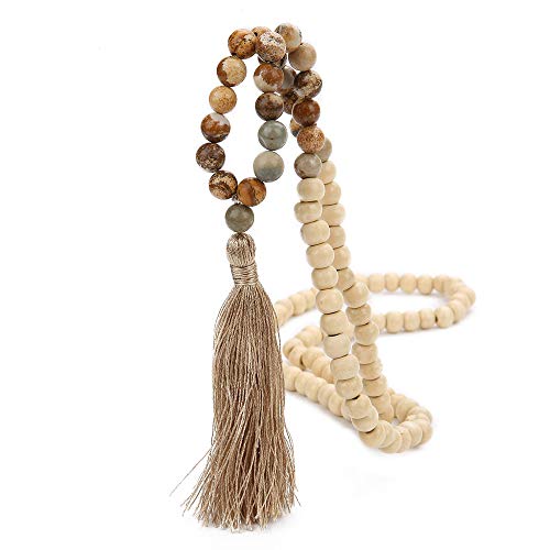 8MM Semi-Precious Gem Stones Wood Mala Bead Necklace Multicolor Tassel Charms Chain Necklace Handmade Beaded Pendant Necklace for Women Men - color: Wooden+Picture Jasper