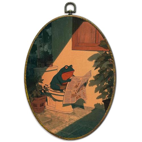 XFCICRLJ Funny Frog Reading Wall Art Decor, Quirky Bathroom Oval Canvas Prints Framed, Whimsical Frog Reading Newspaper on Toilet Wall Art Decorations for Bathroom Washroom Restroom Decor, 11x8.5 Inch - color: Toilet Frog