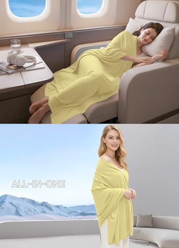 Women's Wool Blend Travel Scarf Lightweight Breathable Wrap Pashmina Airplane Blanket Shawl - color: Yellow