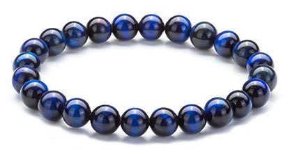 Men Women 8mm Natural Stone Lava Rock Diffuser Bracelet Elastic Yoga Agate Beads Bracelet Bangle - color: blue Tiger Eye