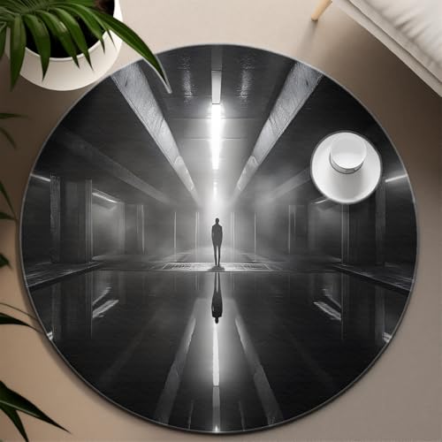 Meditation Space 6ft Round Rugs Lone Figure in Corridor Print Indoor Thin Floor Mat for Office Study Room Modern Creative Home Decor