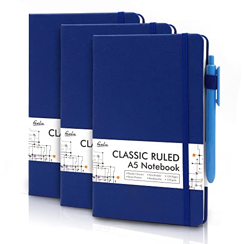 feela 3 Pack Notebooks Journals Bulk with 3 Black Pens, A5 Hardcover Notebook Classic Ruled Lined Journal Set with Pen Holder for Work Business Journaling Note Taking, 120 GSM, 5.1”x8.3”, Navy - color: 3 Pack navy