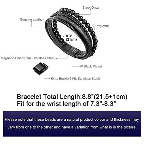 Mens Bead Leather Bracelet, Natural Bead, Steel and Leather Bracelet for Men Christmas Gift Idea