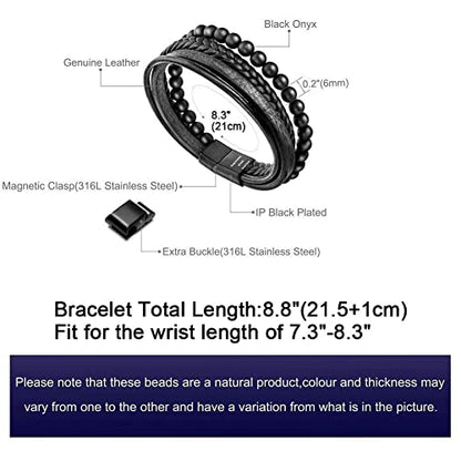 Mens Bead Leather Bracelet, Natural Bead, Steel and Leather Bracelet for Men Christmas Gift Idea