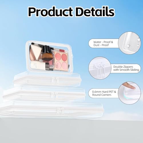 3 Pack Clear Hard Shell Zipper Case (M,M,M), 1.2mm Crush-Proof Transparent Storage Pouches, Hard Plastic Packing Cubes & Organizer Bags for Travel, Pencil, Cosmetics, Toiletry, Toys Storage - size: 3 Pack(M,M,M)