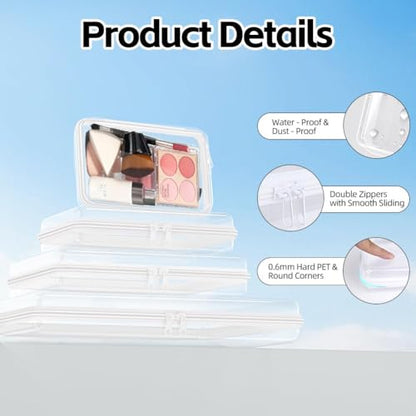 3 Pack Clear Hard Shell Zipper Case (M,M,M), 1.2mm Crush-Proof Transparent Storage Pouches, Hard Plastic Packing Cubes & Organizer Bags for Travel, Pencil, Cosmetics, Toiletry, Toys Storage - size: 3 Pack(M,M,M)