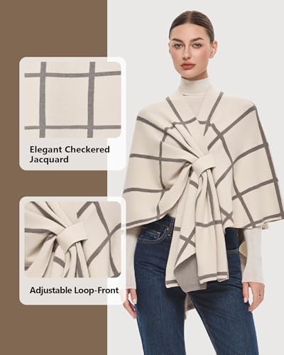 PULI Women's Elegant Shawl Wraps Soft Open Front Poncho Sweater for Spring Fall Winter - color: Classic Check-cream and Oatmeal