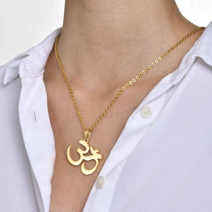 Stainless Steel Om Necklace for Men Women, gold plated/Silver/Black Yoga Charm Pendant Necklaces Aum Om Ohm Sanskrit Symbol Hindu Meditation Chain Necklace,Mens Womens Jewelry Gifts - color: Polished Gold