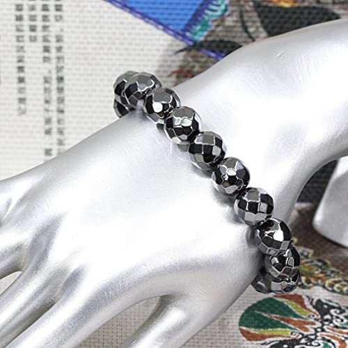 Keleny Semi Precious Stones Natural Gemstones 12mm Round Beads Crystal Stretch Bracelets 7 Inch Unisex - color: Black Hematite Faceted