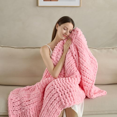 Chunky Knit Blanket Throw 50x60 Inches,Handmade Cable Knit Crochet Blanket,Cozy Lightweight All Season,Wrinkle-Resistant Polyester for Couch Bed Sofa Reading Nook, Beige,Pink - color: Pink