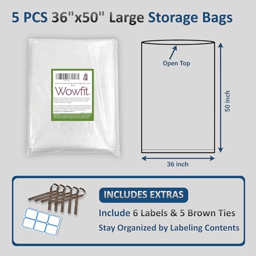 Wowfit 5 CT 36x50 inches Extra Large Clear Plastic Bags, Durable and Multipurpose, Transparent for Attic and Basement Storage (1.6 Mil Flat Bags) - size: 36"x50"