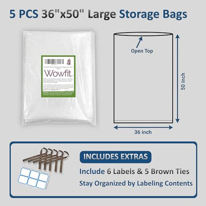 Wowfit 5 CT 36x50 inches Extra Large Clear Plastic Bags, Durable and Multipurpose, Transparent for Attic and Basement Storage (1.6 Mil Flat Bags) - size: 36"x50"