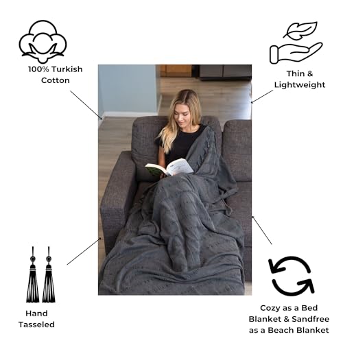 nfuseZen Large Stonewashed Turkish Throw Blanket - 100% Organic Turkish Cotton - 92" x 69" - Soft, Lightweight, Cozy - Love Seat, Sofa, Bed, Picnic, Yoga - Sand Free Beach Blanket - Charcoal Grey - color: Extra Large Charcoal (92" X 69")