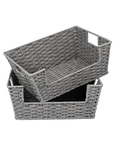 StorageWorks Round Paper Rope Woven Basket for Pantry Organizers and Storage, Stackable Wicker Pantry Baskets for Shelves, Grey, 2-Pack - color: Gray, size: 13 ½"L x 10 ¾"W x 5"H