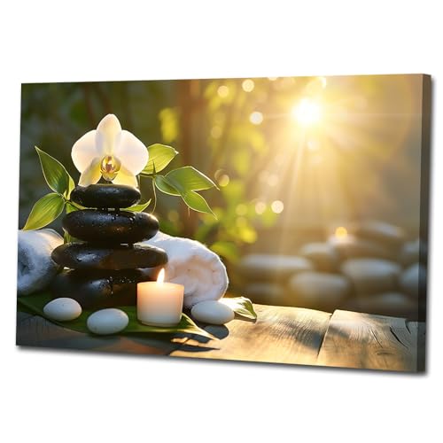 Sunrise Zen Canvas Wall Art Lotus Massage Stone Candle Picture Wall Art Meditation Spirit Painting Prints Spa Yoga Room Decor Framed(Zen-4,24x32inch (60x80cm)) - color: Zen-4, size: 24x32inch (60x80cm)