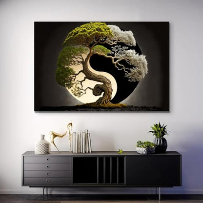 Yin And Yang Wall Art, Abstract Bonsai Tree Wall Art, Zen Meditation Wall Decor, Modern Yin Yang Framed Poster For Bedroom Ready To Hang (Framed,16×24 inch) - size: 24"L x 16"W