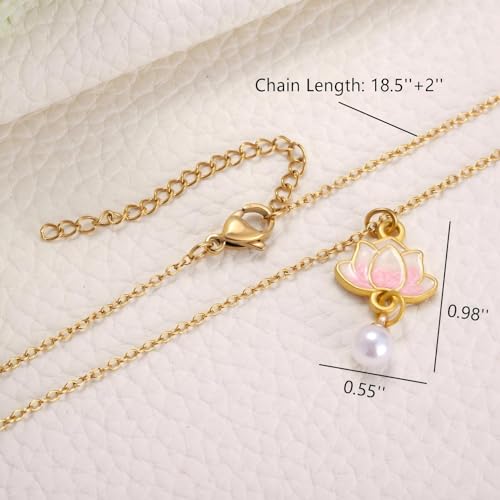 Lotus Flower Necklace for Women, Gold Chain with Lotus Pearl Pendant Meditation Yoga Relaxation Jewelry Gift - style: Pink-Lotus Gold