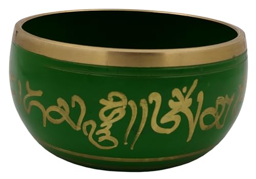 Purpledip Bell Metal Singing Bowl: Tibetan Dhyana Meditation Musical Instrument, 5 Inches, Green (10780) - style: Scripture design | 5 inches | Green