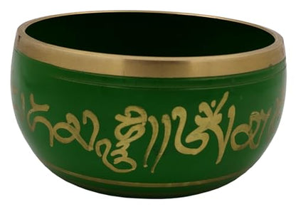Purpledip Bell Metal Singing Bowl: Tibetan Dhyana Meditation Musical Instrument, 5 Inches, Green (10780) - style: Scripture design | 5 inches | Green