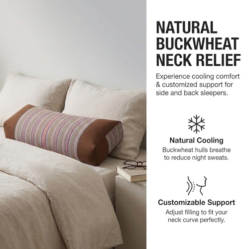 Adjustable Buckwheat Hull Pillow for Neck Pain Relief (21x8x4in) Natural Cooling Cervical Support Bed Pillow for Side & Back Sleepers with Night Sweats (Brown) - color: Brown