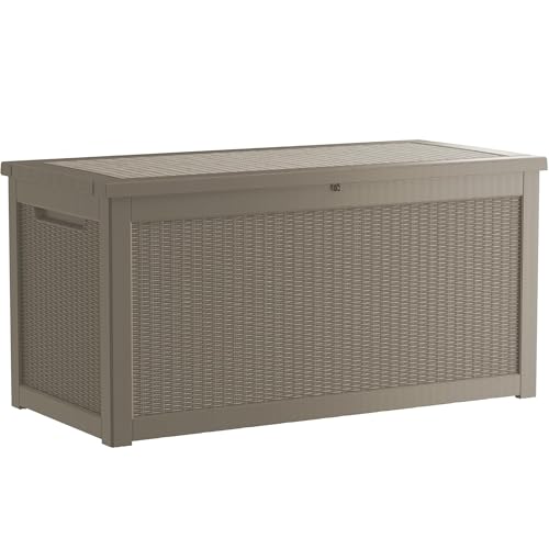 320 Gallon Outdoor Storage Box, Waterproof Resin Deck Box with Lockable Lid Large Storage Bin for Patio Furniture Cushion, Garden Tools, Pool Accessories UV-Resistant Outside Delivery, Grey