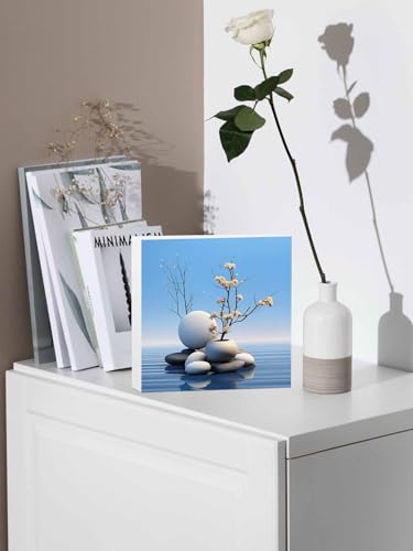 Wood Box Sign Desk Decor, Lake Stone Overlay with Vases Zen Buddhism Decorative Wooden Block Box Sign Decorations for Home Office Shelf Table Decor 6x6 Inches