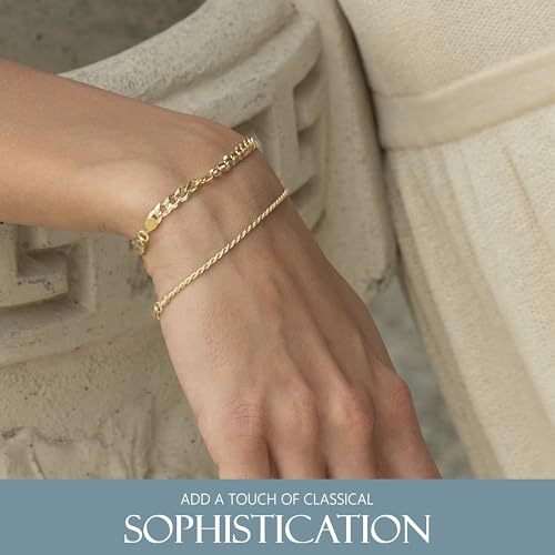 KISPER 18K Gold Plated 925 Sterling Silver Chain Bracelets for Women, Waterproof Tarnish Resistant, Curb/Rope/Figaro/Mariner Link Bracelet, 6.5, 7, 8, 9 Inch - size: 9 inches (large), style: Rope