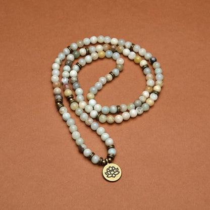 108 Healing Mala Beads Bracelet or Necklace with Gold Lotus Charm - style: Amazonite
