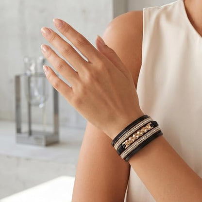 Edoneery Leather Wrap Bracelet for Women, Boho Handmade Multi-Layer Cuff with Crystal Beads Heart, Stackable Bangle Western Jewelry Gift - style: 6 Rhinestone(Black)