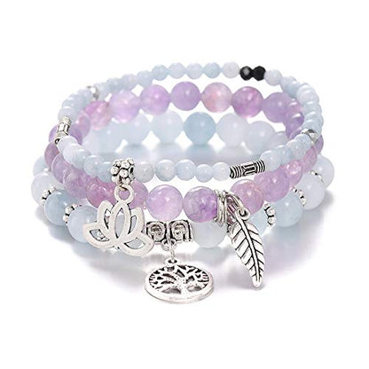 Tree of Life Yoga Healing Stone Bracelets,Multilayer Lotus Chakra Stone Reiki Bracelet Sets,Anxiety Crystal Natural Stone,for Women Stress Relief - style: Aquamarine + Amethyst