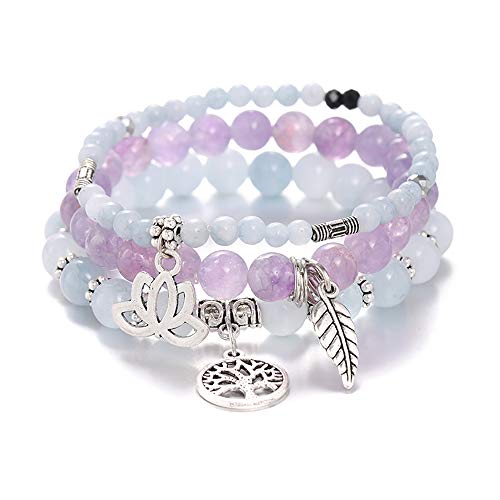 Tree of Life Yoga Healing Stone Bracelets,Multilayer Lotus Chakra Stone Reiki Bracelet Sets,Anxiety Crystal Natural Stone,for Women Stress Relief - style: Aquamarine + Amethyst