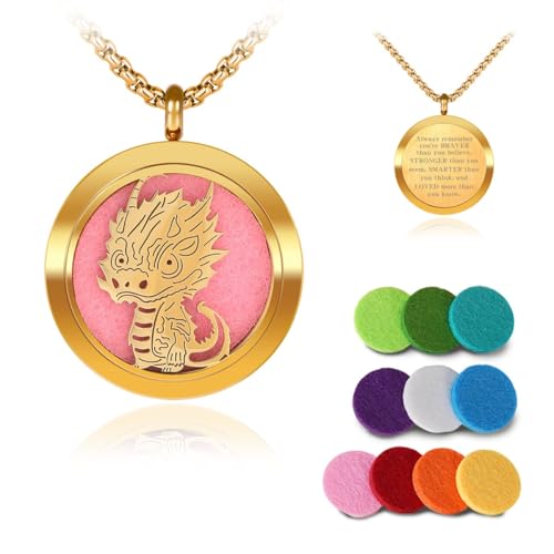 Aromatherapy Diffuser Necklace-Dinosaur Essential Oil Necklace,Aromatherapy Diffuser Pendant for Men and Women,Portable,Suitable for Yoga,Meditation,Travel,Stress Relief Gift(Gold 30mm) - color: Cute Dinosaur Gold