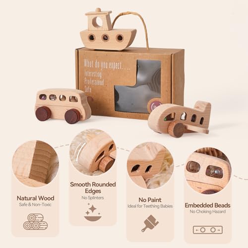 Wooden Cars for Toddlers 1-3, Wooden Vehicles Baby Cars Set with Bus, Airplane and Boat, Montessori Rattle Toys with Rolling Beads, Ideal for Boys and Girls