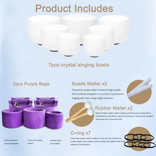 Hye-eun 432Hz White Frosted Crystal Singing Bowls Set 7-12Inch 7PCS Quartz Chakra Sound Bowls for Meditation Sound Healing Yoga Reiki with 2 Purple Carrying Bags - color: 7-12inch 432hz White 7pcs