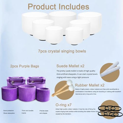 Hye-eun 432Hz White Frosted Crystal Singing Bowls Set 7-12Inch 7PCS Quartz Chakra Sound Bowls for Meditation Sound Healing Yoga Reiki with 2 Purple Carrying Bags - color: 7-12inch 432hz White 7pcs