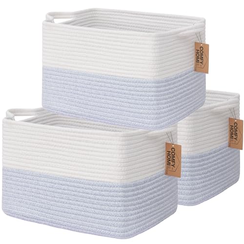 COMFY-HOMI 3PACK Cotton Rope Square Baske with Handles for Shelves|Dog Toy Baske Bin and Storage|Baby Baske for Gift|Shoe Baske for Organizing|13.5" x 11" x 9.5" for Living Room（White/Blue） - color: White/Blue, size: 13.5" x 11" x 9.5"