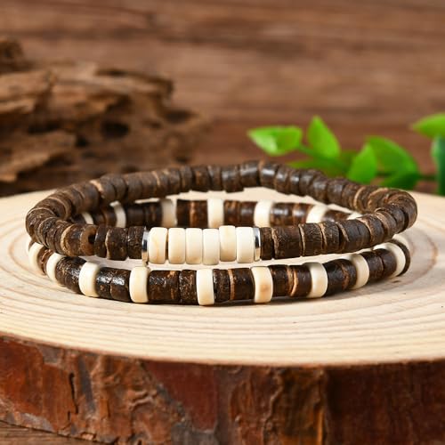 Puka Shell Bracelet for Men Wooden Bracelets Turquoise Stack Beaded Minimalist Trendy Jewelry for Friend Gift - style: 2pcs-Brown White