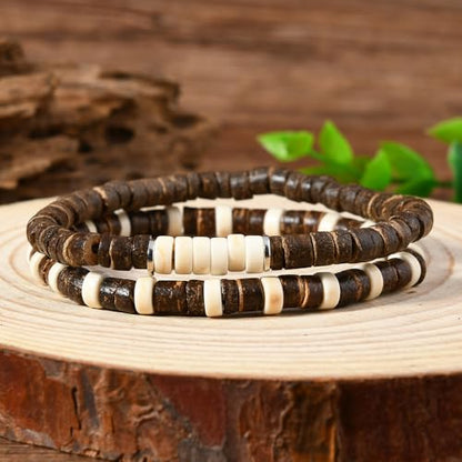 Puka Shell Bracelet for Men Wooden Bracelets Turquoise Stack Beaded Minimalist Trendy Jewelry for Friend Gift - style: 2pcs-Brown White