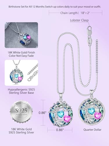 TOUPOP s925 Sterling Silver Family Celtic Tree of Life Pendant Necklaces with 2 Heart Birthstone with Blue Austrian Crystal Jewelry Birthday Valentines Day Gifts for Her, Anniversary Christmas Gifts for Wife Girlfriend Mom (18K Real White Gold Filled) - c