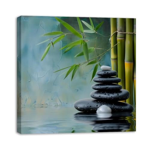 Framed Canvas Wall Art Zen Stones and Bamboo Oil Painting Artwork Picture Posters Wall Decor for Living Room Bedroom Bathroom Office Home Decoration 12x12 in