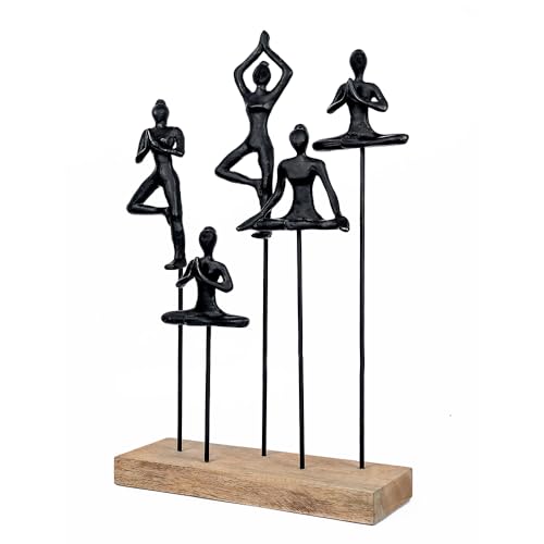 Decorative Yoga Figurines Sculpture, 20-Inch Height, Black Metal on Mango Wood Base, Tabletop Zen Art Decor, Meditation Room Accent