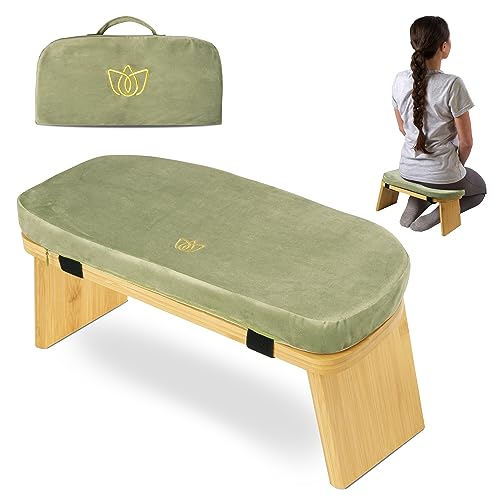 Florensi Meditation Bench - Bamboo, Foldable & Ergonomic Meditation Stool - Sturdy Prayer Bench with Meditation Cushion, Comfortable for Kneeling or Sitting - Perfect for Deeper & Longer Meditation - color: Sage Green