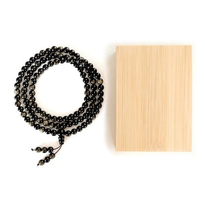 Tibetan Natural Black Obsidian Mala Beads 108, Buddhist Prayer Beads Japamala, Protection Crystal Beaded Tourmaline Bracelets, Meditation Golden Sheen Gemstone Necklace for Women Men - size: 6mm