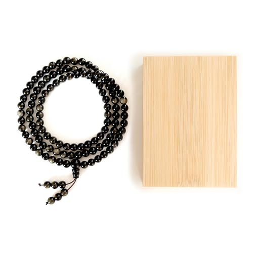 Tibetan Natural Black Obsidian Mala Beads 108, Buddhist Prayer Beads Japamala, Protection Crystal Beaded Tourmaline Bracelets, Meditation Golden Sheen Gemstone Necklace for Women Men - size: 6mm