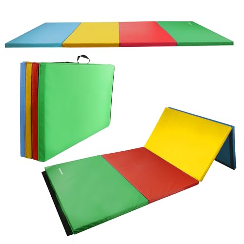 Fitvids Folding Exercise Gymnastics Mat 4'x8'x2" Gym Workout Mat with Carrying Handles High-Density Portable Fitness Aerobics Mats for Home Gym Yoga Pilates Tumbling MMA Core Training, Multiple Colors - color: Multi-Color